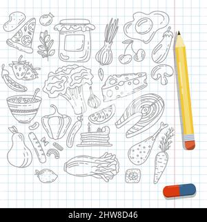 Vektorgrafik Food Doodle Icons. Handgemachtes Line Art Set. Menu Restaurant. Skizze Illustration von gesunden Lebensmitteln. Logo Symbol Design Stock Vektor