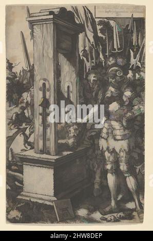 Kunst inspiriert von Titus Manlius Torquatus Ordering the Execution of His Son, 1553, Gravur, Blatt: 4 1/2 × 2 7/8 in. (11,5 × 7,3 cm), Drucke, Heinrich Aldegrever (deutsch, Paderborn ca. 1502–1555/1561 Soest, Classic Works modernisiert von Artotop mit einem Schuss Moderne. Formen, Farbe und Wert, auffällige visuelle Wirkung auf Kunst. Emotionen durch Freiheit von Kunstwerken auf zeitgemäße Weise. Eine zeitlose Botschaft, die eine wild kreative neue Richtung verfolgt. Künstler, die sich dem digitalen Medium zuwenden und die Artotop NFT erschaffen Stockfoto