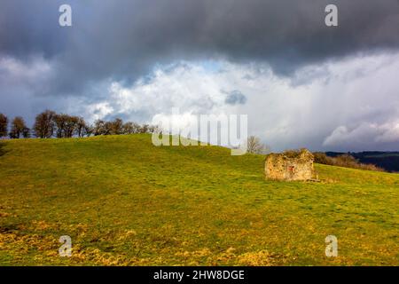 Ruinen einer Feldscheune in der typischen Peak District Landschaft bei Oaker in der Nähe von Matlock im Derbyshire Dales England Stockfoto