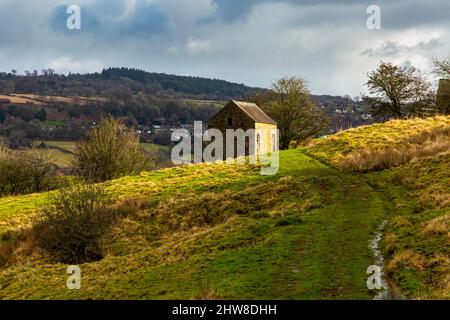 Feldscheune in typischer Peak District Landschaft bei Oaker in der Nähe von Matlock in der Derbyshire Dales England Stockfoto