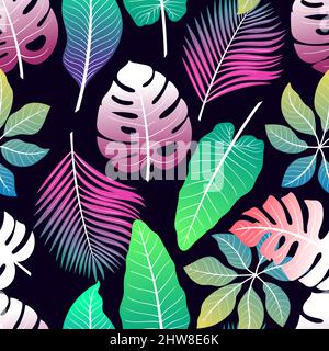 Nahtloser Hintergrund von verschiedenen bunten tropischen Blättern auf weißem Hintergrund Stock Vektor