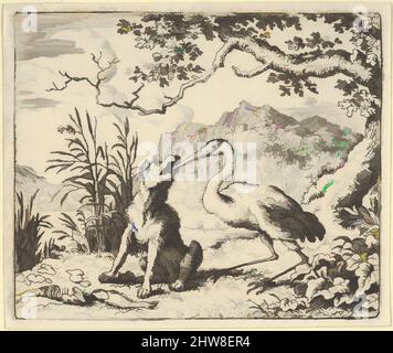 Vom Storch inspirierte Kunst entfernt einen Knochen aus dem Hals des Wolfes aus Hendrick van Alcmars Renard der Fuchs, 1650–75, Gravieren; dritter Zustand von vier, Platte: 3 13/16 × 4 1/2 Zoll (9,7 × 11,5 cm), Drucke, Allart van Everdingen (Niederländisch, Alkmaar 1621–1675 Amsterdam, Klassische Werke, die von Artotop mit einem Schuss Moderne modernisiert wurden. Formen, Farbe und Wert, auffällige visuelle Wirkung auf Kunst. Emotionen durch Freiheit von Kunstwerken auf zeitgemäße Weise. Eine zeitlose Botschaft, die eine wild kreative neue Richtung verfolgt. Künstler, die sich dem digitalen Medium zuwenden und die Artotop NFT erschaffen Stockfoto