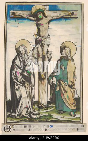 Von Christus am Kreuz inspirierte Kunst mit der Jungfrau und dem heiligen Johannes, aus dem Passauer Missale Pataviense, 1505, handkolorierter Holzschnitt auf Pergament, Blatt: 10 3/8 × 6 13/16 in. (26,3 × 17,3 cm), Drucke, Hans Burgkmair (Deutsch, Augsburg 1473–1531 Augsburg), Publiziert in Augsburg von, Klassische Werke, modernisiert von Artotop mit einem Schuss Moderne. Formen, Farbe und Wert, auffällige visuelle Wirkung auf Kunst. Emotionen durch Freiheit von Kunstwerken auf zeitgemäße Weise. Eine zeitlose Botschaft, die eine wild kreative neue Richtung verfolgt. Künstler, die sich dem digitalen Medium zuwenden und die Artotop NFT erschaffen Stockfoto