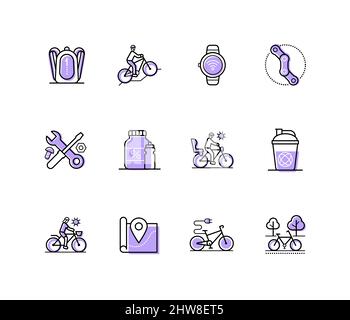 Radfahren und Reisen - modernes Liniendesign Stil Symbole mit editierbarer Kontur gesetzt. Freizeitaktivitäten mit dem Fahrrad. Den Berg erklimmen, eine Route planen, bac Stock Vektor