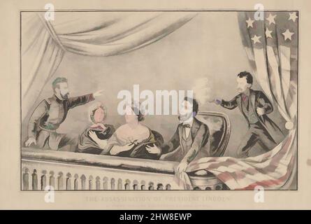 Kunst inspiriert durch die Attentat auf Präsident Lincoln im Ford's Theatre, Washington D.C., 14.. April 1865, 1865, Handkolorierte Lithographie, Bild: 7 13/16 × 12 1/8 Zoll (19,8 × 30,8 cm), Drucke, Diese Lithographie zeichnet den schockierenden Moment auf, als Abraham Lincoln von John Wilkes gedreht wurde, Klassische Werke, die von Artotop mit einem Schuss Moderne modernisiert wurden. Formen, Farbe und Wert, auffällige visuelle Wirkung auf Kunst. Emotionen durch Freiheit von Kunstwerken auf zeitgemäße Weise. Eine zeitlose Botschaft, die eine wild kreative neue Richtung verfolgt. Künstler, die sich dem digitalen Medium zuwenden und die Artotop NFT erschaffen Stockfoto