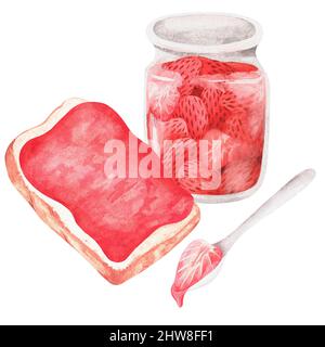 Toast mit Erdbeermarmelade. Aquarelldarstellung. Isoliert auf weißem Hintergrund. Für Ihr Design. Geeignet für Grußkarten, Briefpapier, Rezept. Stockfoto