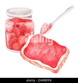 Toast mit Erdbeermarmelade. Aquarelldarstellung. Isoliert auf weißem Hintergrund. Für Ihr Design. Geeignet für Grußkarten, Briefpapier, Rezept. Stockfoto