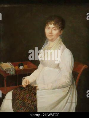 Kunst inspiriert vom Portrait einer Frau mit Tapisserie, Elfenbein um Karte erweitert, 5 5/8 x 4 5/8 Zoll (140 x 117 mm), Miniaturen, Stil von Jean-Baptiste Jacques Augustin (ca. 1800–1810, von Artotop modernisierte klassische Werke mit einem Schuss Moderne. Formen, Farbe und Wert, auffällige visuelle Wirkung auf Kunst. Emotionen durch Freiheit von Kunstwerken auf zeitgemäße Weise. Eine zeitlose Botschaft, die eine wild kreative neue Richtung verfolgt. Künstler, die sich dem digitalen Medium zuwenden und die Artotop NFT erschaffen Stockfoto