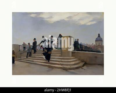 Kunst inspiriert von Einem Windy Day auf der Pont des Arts, ca. 1880–81, Öl auf Leinwand, 15 5/8 x 22 1/4 Zoll (39,7 x 56,5 cm), Gemälde, Jean Béraud (Französisch, St. Petersburg 1849–1936 Paris), Dieses Gemälde von etwa 1880–81 zeigt die Pont des Arts, eine Fußgängerbrücke über die seine zwischen den von Artotop modernisierten, klassischen Werken mit einem Schuss Moderne. Formen, Farbe und Wert, auffällige visuelle Wirkung auf Kunst. Emotionen durch Freiheit von Kunstwerken auf zeitgemäße Weise. Eine zeitlose Botschaft, die eine wild kreative neue Richtung verfolgt. Künstler, die sich dem digitalen Medium zuwenden und die Artotop NFT erschaffen Stockfoto