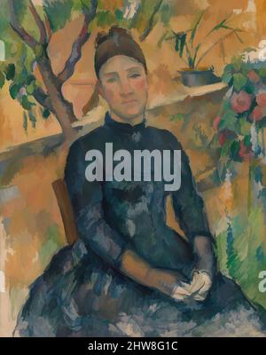 Kunst inspiriert von Madame Cézanne (Hortense Fiquet, 1850–1922) im Konservatorium, 1891, Öl auf Leinwand, 36 1/4 x 28 3/4 Zoll (92,1 x 73 cm), Gemälde, Paul Cézanne (Französisch, Aix-en-Provence 1839–1906 Aix-en-Provence), Hortense Fiquet, Ein ehemaliges Künstlermodell, traf Cézanne um 1869; Sie, Klassische Werke, die von Artotop mit einem Schuss Moderne modernisiert wurden. Formen, Farbe und Wert, auffällige visuelle Wirkung auf Kunst. Emotionen durch Freiheit von Kunstwerken auf zeitgemäße Weise. Eine zeitlose Botschaft, die eine wild kreative neue Richtung verfolgt. Künstler, die sich dem digitalen Medium zuwenden und die Artotop NFT erschaffen Stockfoto