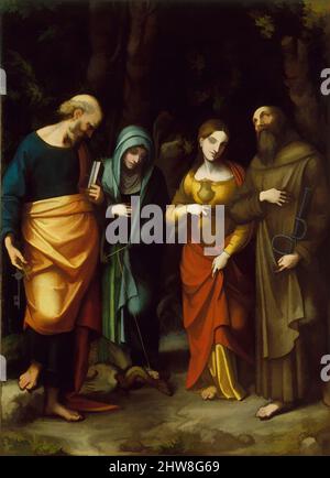 Kunst inspiriert von den Heiligen Peter, Martha, Maria Magdalena und Leonard, Öl auf Leinwand, 87 1/4 x 63 3/4 Zoll (221,6 x 161,9 cm), Gemälde, Correggio (Antonio Allegri) (Italienisch, Correggio, aktiv von 1514–gestorben 1534 Correggio), Dieses relativ frühe Werk von Correggio wurde um 1515–17 gemalt, Klassische Werke, die von Artotop mit einem Schuss Moderne modernisiert wurden. Formen, Farbe und Wert, auffällige visuelle Wirkung auf Kunst. Emotionen durch Freiheit von Kunstwerken auf zeitgemäße Weise. Eine zeitlose Botschaft, die eine wild kreative neue Richtung verfolgt. Künstler, die sich dem digitalen Medium zuwenden und die Artotop NFT erschaffen Stockfoto