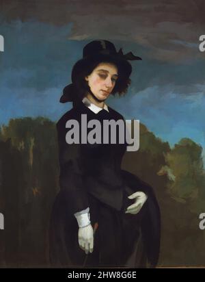 Art Inspired by Woman in a Riding Habit (L'Amazone), 1856, Öl auf Leinwand, 45 1/2 x 35 1/8 Zoll (115,6 x 89,2 cm), Gemälde, Gustave Courbet (Französisch, Ornans 1819–1877 La Tour-de-Peilz), Dieses Gemälde eines Pferdemans (auf Französisch, Amazone) war lange gedacht, um den Dichter zu repräsentieren und, Klassische Werke von Artotop mit einem Schuss Moderne modernisiert. Formen, Farbe und Wert, auffällige visuelle Wirkung auf Kunst. Emotionen durch Freiheit von Kunstwerken auf zeitgemäße Weise. Eine zeitlose Botschaft, die eine wild kreative neue Richtung verfolgt. Künstler, die sich dem digitalen Medium zuwenden und die Artotop NFT erschaffen Stockfoto