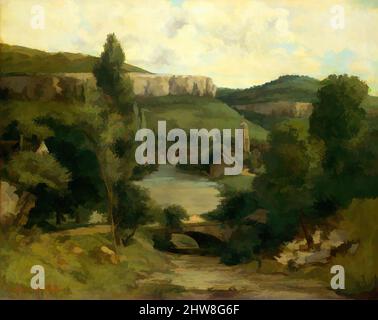 Art Inspired by View of Ornans, wahrscheinlich Mitte 1850s, Öl auf Leinwand, 28 3/4 x 36 1/4 Zoll (73 x 92,1 cm), Gemälde, Gustave Courbet (französisch, Ornans 1819–1877 La Tour-de-Peilz), Diese Landschaft, wahrscheinlich Mitte 1850s gemalt, steht am Anfang einer langen Serie von Ansichten der von Artotop modernisierten, klassischen Werke mit einem Schuss Moderne. Formen, Farbe und Wert, auffällige visuelle Wirkung auf Kunst. Emotionen durch Freiheit von Kunstwerken auf zeitgemäße Weise. Eine zeitlose Botschaft, die eine wild kreative neue Richtung verfolgt. Künstler, die sich dem digitalen Medium zuwenden und die Artotop NFT erschaffen Stockfoto