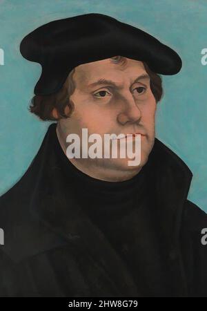 Kunst inspiriert von Martin Luther (1483–1546), wahrscheinlich 1532, Öl auf Holz, 13 1/8 x 9 1/8 Zoll (33,3 x 23,2 cm), Gemälde, Werkstatt von Lucas Cranach dem Älteren (deutsch, Kronach 1472–1553 Weimar), Lucas Cranach und seine Werkstatt produzierten viele gedruckte und gemalte Porträts von Martin Luther, Klassische Werke, die von Artotop mit einem Schuss Moderne modernisiert wurden. Formen, Farbe und Wert, auffällige visuelle Wirkung auf Kunst. Emotionen durch Freiheit von Kunstwerken auf zeitgemäße Weise. Eine zeitlose Botschaft, die eine wild kreative neue Richtung verfolgt. Künstler, die sich dem digitalen Medium zuwenden und die Artotop NFT erschaffen Stockfoto