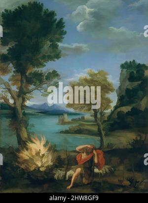 Art Inspired by Landscape with Moses and the Burning Bush, 1610–16, Oil on Copper, 17 3/4 x 13 3/8 in. (45,1 x 34 cm), Gemälde, Domenichino (Domenico Zampieri) (Italienisch, Bologna 1581–1641 Neapel), das biblische Wunder des brennenden Busches, der nicht verzehrt wurde (Exodus III), war eines der von Artotop mit einem Schuss Moderne modernisierten klassischen Werke. Formen, Farbe und Wert, auffällige visuelle Wirkung auf Kunst. Emotionen durch Freiheit von Kunstwerken auf zeitgemäße Weise. Eine zeitlose Botschaft, die eine wild kreative neue Richtung verfolgt. Künstler, die sich dem digitalen Medium zuwenden und die Artotop NFT erschaffen Stockfoto