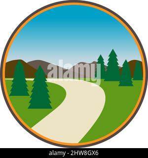 Kurviger Wanderweg mit Pinien und Bergen - Vektor-Illustration Stock Vektor