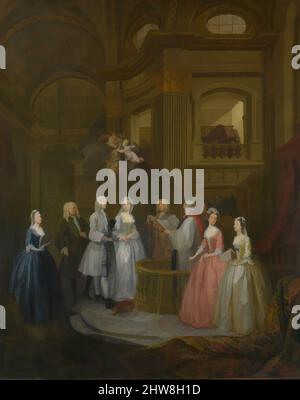 Kunst inspiriert von der Hochzeit von Stephen Beckingham und Mary Cox, 1729, Öl auf Leinwand, 50 1/2 x 40 1/2 cm (128,3 x 102,9 cm), Paintings, William Hogarth (British, London 1697–1764 London), This wedding Group ist einer der ersten Essays des Künstlers in dem, was das Modegenre werden sollte, klassische Werke, die von Artotop mit einem Schuss Moderne modernisiert wurden. Formen, Farbe und Wert, auffällige visuelle Wirkung auf Kunst. Emotionen durch Freiheit von Kunstwerken auf zeitgemäße Weise. Eine zeitlose Botschaft, die eine wild kreative neue Richtung verfolgt. Künstler, die sich dem digitalen Medium zuwenden und die Artotop NFT erschaffen Stockfoto