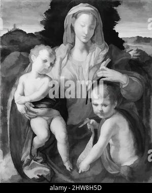 Kunst inspiriert von Madonna und Kind mit dem jungen Heiligen Johannes dem Täufer, Öl auf Holz, 26 7/8 x 22 1/4 Zoll (68,3 x 56,5 cm), Gemälde, italienischer (Florentiner) Maler (Mitte des 16.. Jahrhunderts, Klassische Werke, die von Artotop mit einem Schuss Moderne modernisiert wurden. Formen, Farbe und Wert, auffällige visuelle Wirkung auf Kunst. Emotionen durch Freiheit von Kunstwerken auf zeitgemäße Weise. Eine zeitlose Botschaft, die eine wild kreative neue Richtung verfolgt. Künstler, die sich dem digitalen Medium zuwenden und die Artotop NFT erschaffen Stockfoto