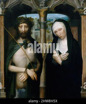 Kunst inspiriert von Christus gekrönt mit Dornen (Ecce Homo), und die trauernde Jungfrau, ca. 1530–40, Öl auf Leinwand, aus Holz übertragen, 41 1/2 x 36 1/2 Zoll (105,4 x 92,7 cm), Gemälde, Adriaen Isenbrant (Niederländisch, aktiv von 1510–gestorben 1551 Brügge), in diesem strengen und eindringlichen Bild, Classic Works modernisiert von Artotop mit einem Schuss Moderne. Formen, Farbe und Wert, auffällige visuelle Wirkung auf Kunst. Emotionen durch Freiheit von Kunstwerken auf zeitgemäße Weise. Eine zeitlose Botschaft, die eine wild kreative neue Richtung verfolgt. Künstler, die sich dem digitalen Medium zuwenden und die Artotop NFT erschaffen Stockfoto