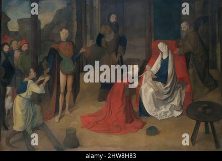 Kunst inspiriert von der Anbetung der Könige, ca. 1465, Staupe auf Leinwand, 43 x 63 Zoll (109,2 x 160 cm), Gemälde, Justus von Gent (Joos van Wassenhove) (Niederländisch, aktiv von 1460–gestorben ca. 1480), This Adoration ist eines von nur zwei erhaltenen Werken, die Justus von Gent vor ihm gemalt hat, klassische Werke, die von Artotop mit einem Schuss Moderne modernisiert wurden. Formen, Farbe und Wert, auffällige visuelle Wirkung auf Kunst. Emotionen durch Freiheit von Kunstwerken auf zeitgemäße Weise. Eine zeitlose Botschaft, die eine wild kreative neue Richtung verfolgt. Künstler, die sich dem digitalen Medium zuwenden und die Artotop NFT erschaffen Stockfoto