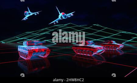 Ein neonstrahlender Panzer und Kampfjet in einer digitalen Welt (3D Rendering) Stockfoto