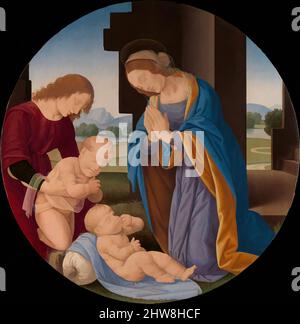 Kunst inspiriert von Madonna, die das Kind mit dem heiligen Johannes dem Täufer und einem Engel anbeten, Anfang 1490s, Tempera auf Holz, Durchmesser 36 Zoll (91,4 cm), Gemälde, Lorenzo di Credi (Lorenzo d'Andrea d'Oderigo) (Italienisch, Florenz 1456/59–1536 Florenz), ein Engel stellt das Kleinkind vor, Klassische Werke, die von Artotop mit einem Schuss Moderne modernisiert wurden. Formen, Farbe und Wert, auffällige visuelle Wirkung auf Kunst. Emotionen durch Freiheit von Kunstwerken auf zeitgemäße Weise. Eine zeitlose Botschaft, die eine wild kreative neue Richtung verfolgt. Künstler, die sich dem digitalen Medium zuwenden und die Artotop NFT erschaffen Stockfoto