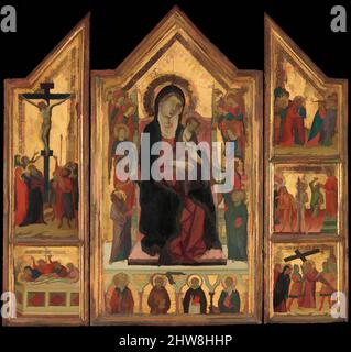 Kunst inspiriert von Madonna und Kind thronend, Tempera auf Holz, goldgeschliffen, geformte Oberseite: Zentrale Tafel, insgesamt, mit eingriffigen Rahmen, 30 5/8 x 16 1/2 Zoll (77,8 x 41,9 cm), lackierte Oberfläche 27 3/8 x 14 Zoll (69,5 x 35,6 cm); linker Flügel, insgesamt, mit eingerichteter Rahmenkonstruktion, 30 3/8 x 8 1/8 Zoll (77,2 x, Classic Works modernisiert von Artotop mit einem Schuss Moderne. Formen, Farbe und Wert, auffällige visuelle Wirkung auf Kunst. Emotionen durch Freiheit von Kunstwerken auf zeitgemäße Weise. Eine zeitlose Botschaft, die eine wild kreative neue Richtung verfolgt. Künstler, die sich dem digitalen Medium zuwenden und die Artotop NFT erschaffen Stockfoto