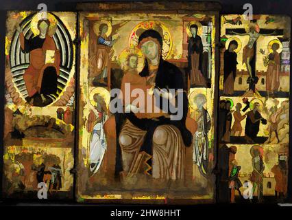 Kunst inspiriert von Madonna mit Kind thronend, Tempera auf Holz, Goldgrund, Zentralplatte 16 x 11 1/8 Zoll (40,6 x 28,3 cm); linker Flügel 15 x 5 5/8 Zoll (38,1 x 14,3 cm); rechter Flügel 15 x 5 1/2 Zoll (38,1 x 14 cm), Gemälde, Meister der Magdalena (Italienisch, Florenz, aktiv 1265–95), in den, Klassische Werke, die von Artotop mit einem Schuss Moderne modernisiert wurden. Formen, Farbe und Wert, auffällige visuelle Wirkung auf Kunst. Emotionen durch Freiheit von Kunstwerken auf zeitgemäße Weise. Eine zeitlose Botschaft, die eine wild kreative neue Richtung verfolgt. Künstler, die sich dem digitalen Medium zuwenden und die Artotop NFT erschaffen Stockfoto