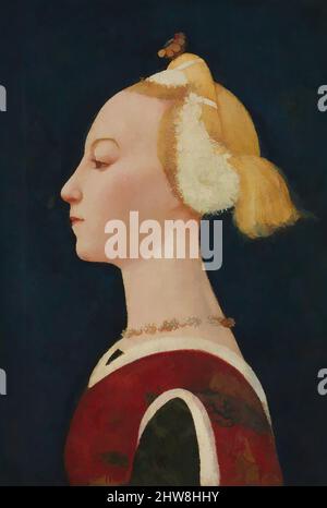 Kunst inspiriert von Portrait of a Woman, probably 1450s, Tempera and Gold on canvas, übertragen aus Holz, 15 3/4 x 10 3/4 Zoll (40 x 27,3 cm), Gemälde, Meister der Krippe von Castello (italienisch, Florentine, aktiv ca. 1445–75), Dieses charmante Porträt wurde wahrscheinlich in den 1450s von Classic Works gemalt, die von Artotop mit einem Schuss Moderne modernisiert wurden. Formen, Farbe und Wert, auffällige visuelle Wirkung auf Kunst. Emotionen durch Freiheit von Kunstwerken auf zeitgemäße Weise. Eine zeitlose Botschaft, die eine wild kreative neue Richtung verfolgt. Künstler, die sich dem digitalen Medium zuwenden und die Artotop NFT erschaffen Stockfoto