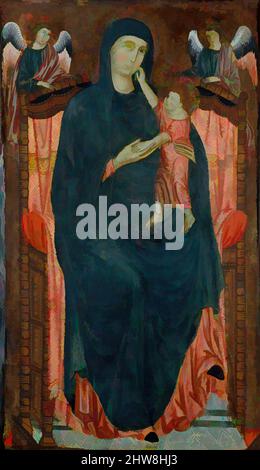 Kunst inspiriert von Madonna mit Kind throned with Angels, Tempera auf Holz, silberner Boden, insgesamt 51 1/4 x 32 5/8 Zoll (130,2 x 82,9 cm); lackierte Oberfläche 50 1/4 x 28 Zoll (127,6 x 71,1 cm), Gemälde, Meister von Varlungo (Italienisch, Florentiner, aktiv ca. 1285–ca. 1310), gemalt um 1290, Klassisches Werk modernisiert von Artotop mit einem Schuss Moderne. Formen, Farbe und Wert, auffällige visuelle Wirkung auf Kunst. Emotionen durch Freiheit von Kunstwerken auf zeitgemäße Weise. Eine zeitlose Botschaft, die eine wild kreative neue Richtung verfolgt. Künstler, die sich dem digitalen Medium zuwenden und die Artotop NFT erschaffen Stockfoto