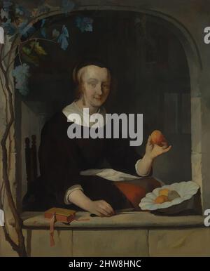 Kunst inspiriert von Einer Frau, die am Fenster sitzt, Anfang 1660s, Öl auf Holz, 10 7/8 x 8 7/8 Zoll (27,6 x 22,5 cm), Gemälde, Gabriël Metsu (Niederländisch, Leiden 1629–1667 Amsterdam), Eine Hausfrau hält einen Apfel, der in diesem Zusammenhang eher auf die Neue Eva (die Jungfrau Maria) verweist als auf die alten, von Artotop mit einem Schuss Moderne modernisierten klassischen Werke. Formen, Farbe und Wert, auffällige visuelle Wirkung auf Kunst. Emotionen durch Freiheit von Kunstwerken auf zeitgemäße Weise. Eine zeitlose Botschaft, die eine wild kreative neue Richtung verfolgt. Künstler, die sich dem digitalen Medium zuwenden und die Artotop NFT erschaffen Stockfoto