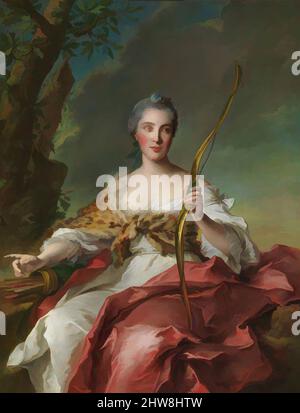 Kunst inspiriert von Madame de Maison-Rouge als Diana, 1756, Öl auf Leinwand, 53 3/4 x 41 3/8 cm (136,5 x 105,1 cm), Gemälde, Jean Marc Nattier (Französisch, Paris 1685–1766 Paris), Dies ist ein verkleidtes Porträt, in dem die Sitterin als Diana, Göttin der Jagd, mit ihren traditionellen, von Artotop modernisierten klassischen Werken mit einem Schuss Moderne dargestellt wird. Formen, Farbe und Wert, auffällige visuelle Wirkung auf Kunst. Emotionen durch Freiheit von Kunstwerken auf zeitgemäße Weise. Eine zeitlose Botschaft, die eine wild kreative neue Richtung verfolgt. Künstler, die sich dem digitalen Medium zuwenden und die Artotop NFT erschaffen Stockfoto