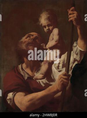 Kunst inspiriert von St. Christopher Carrying the Infant Christ, 1730s, Öl auf Leinwand, 28 1/4 x 22 1/8 Zoll (71,8 x 56,2 cm), Gemälde, Giovanni Battista Piazzetta (Italienisch, Venedig 1682–1754 Venedig), der Goldenen Legende zufolge war der Heilige Christopher für seine unglaubliche Höhe bekannt, klassische Werke, die von Artotop mit einem Schuss Moderne modernisiert wurden. Formen, Farbe und Wert, auffällige visuelle Wirkung auf Kunst. Emotionen durch Freiheit von Kunstwerken auf zeitgemäße Weise. Eine zeitlose Botschaft, die eine wild kreative neue Richtung verfolgt. Künstler, die sich dem digitalen Medium zuwenden und die Artotop NFT erschaffen Stockfoto