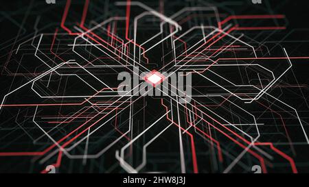 Abstract elektronische Schaltung für die Verteilung von Elektrizität in einem städtischen Umfeld. Runing-Signale auf schwarzem Hintergrund von der Mitte in die s Stockfoto