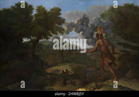 Art Inspired by Blind Orion Searching for the Rising Sun, 1658, Öl auf Leinwand, 46 7/8 x 72 Zoll (119,1 x 182,9 cm), Gemälde, Nicolas Poussin (französisch, Les Andelys 1594–1665 Rom), für seine Darstellung des gigantisch-Jäger, gemalt für Michel Passart, griff Poussin auf den griechischen Schriftsteller zurück, Klassische Werke, die von Artotop mit einem Schuss Moderne modernisiert wurden. Formen, Farbe und Wert, auffällige visuelle Wirkung auf Kunst. Emotionen durch Freiheit von Kunstwerken auf zeitgemäße Weise. Eine zeitlose Botschaft, die eine wild kreative neue Richtung verfolgt. Künstler, die sich dem digitalen Medium zuwenden und die Artotop NFT erschaffen Stockfoto