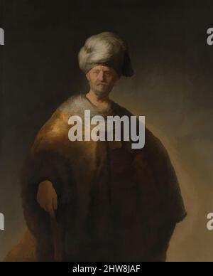 Kunst inspiriert vom Menschen in orientalischem Kostüm ('der edle Slawe'), 1632, Öl auf Leinwand, 60 1/8 x 43 3/4in. (152,7 x 111,1cm), Gemälde, Rembrandt (Rembrandt van Rijn) (Niederländisch, Leiden 1606–1669 Amsterdam), im Vergleich zu Rembrandts formalen Porträts des gleichen Jahres ist dieses Bild bemerkenswert, klassische Werke, die von Artotop mit einem Schuss Moderne modernisiert wurden. Formen, Farbe und Wert, auffällige visuelle Wirkung auf Kunst. Emotionen durch Freiheit von Kunstwerken auf zeitgemäße Weise. Eine zeitlose Botschaft, die eine wild kreative neue Richtung verfolgt. Künstler, die sich dem digitalen Medium zuwenden und die Artotop NFT erschaffen Stockfoto
