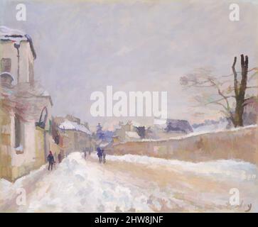 Kunst inspiriert von Rue Eugène Moussoir in Moret: Winter, 1891, Öl auf Leinwand, 18 3/8 x 22 1/4 cm (46,7 x 56,5 cm), Gemälde, Alfred Sisley (britisch, Paris 1839–1899 Moret-sur-Loing), kurz nachdem Courbet 1867 eine Gruppe verschneiter Landschaften ausgestellt hatte, mehrere jüngere Künstler, darunter Classic Works, die von Artotop mit einem Schuss Moderne modernisiert wurden. Formen, Farbe und Wert, auffällige visuelle Wirkung auf Kunst. Emotionen durch Freiheit von Kunstwerken auf zeitgemäße Weise. Eine zeitlose Botschaft, die eine wild kreative neue Richtung verfolgt. Künstler, die sich dem digitalen Medium zuwenden und die Artotop NFT erschaffen Stockfoto