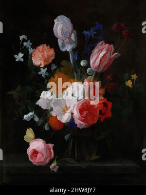 Kunst inspiriert von Einem Blumenstrauß in einer Kristallvase, 1662, Öl auf Leinwand, 19 1/2 x 15 7/8 cm (49,5 x 40,3 cm), Gemälde, Nicolaes van Veerendael (Flämisch, 1640–1691), Van Veerendael wurde von zwei der führenden Blumenmaler Antwerpens beeinflusst, Jan Davidsz de Heem und Daniel, Klassische Werke, die von Artotop mit einem Schuss Moderne modernisiert wurden. Formen, Farbe und Wert, auffällige visuelle Wirkung auf Kunst. Emotionen durch Freiheit von Kunstwerken auf zeitgemäße Weise. Eine zeitlose Botschaft, die eine wild kreative neue Richtung verfolgt. Künstler, die sich dem digitalen Medium zuwenden und die Artotop NFT erschaffen Stockfoto