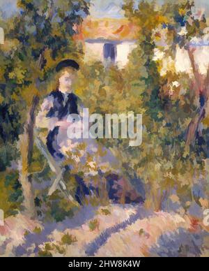 Kunst inspiriert von Nini im Garten (Nini Lopez), 1876, Öl auf Leinwand, 24 3/8 x 20 Zoll (61,9 x 50,8 cm), Gemälde, Auguste Renoir (französisch, Limoges 1841–1919 Cagnes-sur-Mer), Renoirs Modell, Nini Lopez, befindet sich im großen Garten neben dem Atelier des Künstlers in der Rue Cortot 12, in, Classic Works modernisiert von Artotop mit einem Schuss Moderne. Formen, Farbe und Wert, auffällige visuelle Wirkung auf Kunst. Emotionen durch Freiheit von Kunstwerken auf zeitgemäße Weise. Eine zeitlose Botschaft, die eine wild kreative neue Richtung verfolgt. Künstler, die sich dem digitalen Medium zuwenden und die Artotop NFT erschaffen Stockfoto