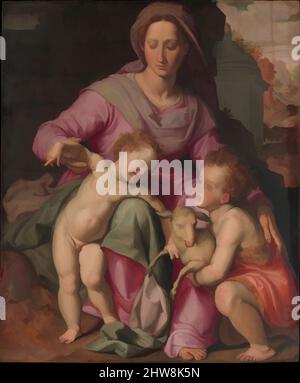 Kunst inspiriert von Madonna und Kind mit dem Säugling Johannes dem Täufer, Anfang 1570s, Öl auf Holz, 40 7/8 x 33 3/4 Zoll (103,8 x 85,7 cm), Gemälde, Santi di Tito (Italienisch, Sansepolcro 1536–1603 Florenz), Santi di Titos Werk war in der zweiten Hälfte des sechzehnten Jahrhunderts außergewöhnlich, klassische Werke, die von Artotop mit einem Schuss Moderne modernisiert wurden. Formen, Farbe und Wert, auffällige visuelle Wirkung auf Kunst. Emotionen durch Freiheit von Kunstwerken auf zeitgemäße Weise. Eine zeitlose Botschaft, die eine wild kreative neue Richtung verfolgt. Künstler, die sich dem digitalen Medium zuwenden und die Artotop NFT erschaffen Stockfoto