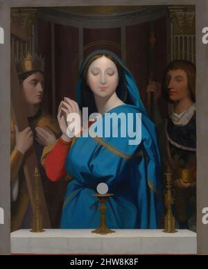 Kunst inspiriert von der Jungfrau, die den Wirt anbetend, 1852, Öl auf Leinwand, 15 7/8 x 12 7/8 cm (40,3 x 32,7 cm), Gemälde, Jean Auguste Dominique Ingres (Französisch, Montauban 1780–1867 Paris), Dieses kleine, schmucklose Andachtsgemälde wurde als Geschenk an Ingres Freundin Louise Marcotte gemacht, die klassische Werke, die von Artotop mit einem Schuss Moderne modernisiert wurden. Formen, Farbe und Wert, auffällige visuelle Wirkung auf Kunst. Emotionen durch Freiheit von Kunstwerken auf zeitgemäße Weise. Eine zeitlose Botschaft, die eine wild kreative neue Richtung verfolgt. Künstler, die sich dem digitalen Medium zuwenden und die Artotop NFT erschaffen Stockfoto