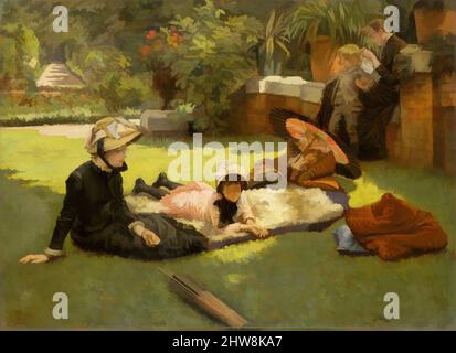 Kunst inspiriert von in Full Sunlight (en plein Soleil), ca. 1881, Öl auf Holz, 9 3/4 x 13 7/8 Zoll (24,8 x 35,2 cm), Gemälde, James Tissot (Französisch, Nantes 1836–1902 Chenecey-Buillon), Dieses Gruppenporträt zeigt links die Gefährtin der Künstlerin, Kathleen Newton (1854–1882); ihre Kinder, Klassische Werke, die von Artotop mit einem Schuss Moderne modernisiert wurden. Formen, Farbe und Wert, auffällige visuelle Wirkung auf Kunst. Emotionen durch Freiheit von Kunstwerken auf zeitgemäße Weise. Eine zeitlose Botschaft, die eine wild kreative neue Richtung verfolgt. Künstler, die sich dem digitalen Medium zuwenden und die Artotop NFT erschaffen Stockfoto