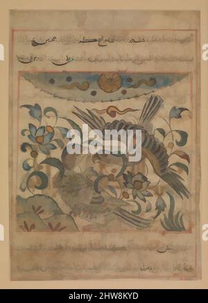 Kunst inspiriert von Pair of Eagles', Folio aus A Manafi' al-Hayawan (über die Nützlichkeit von Tieren) von Ibn Bakhtishu', ca. 1300, dem Iran zugeschrieben, Tinte, opakes Aquarell und Gold auf Papier, Gemälde: H. 5 3/4 in. (14,6 cm), Codices, Dieses Folio illustriert den Einfluss chinesischer Kunst auf die von Artotop modernisierten, klassischen Werke mit einem Schuss Moderne. Formen, Farbe und Wert, auffällige visuelle Wirkung auf Kunst. Emotionen durch Freiheit von Kunstwerken auf zeitgemäße Weise. Eine zeitlose Botschaft, die eine wild kreative neue Richtung verfolgt. Künstler, die sich dem digitalen Medium zuwenden und die Artotop NFT erschaffen Stockfoto