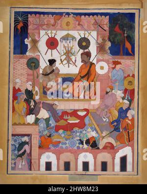 Kunst inspiriert von Misbah The Grocer Brings the Spy Parran to His House', Folio from a Hamzanama (The Adventures of Hamza), ca. 1570, Indien zugeschrieben, Tinte, opakes Aquarell und Gold auf Stoff; auf Papier montiert, H. 27 7/8 Zoll (70,8 cm), Codices, zugeschrieben Dasavanta, zugeschrieben, Klassischen Werken, die von Artotop mit einem Schuss Moderne modernisiert wurden. Formen, Farbe und Wert, auffällige visuelle Wirkung auf Kunst. Emotionen durch Freiheit von Kunstwerken auf zeitgemäße Weise. Eine zeitlose Botschaft, die eine wild kreative neue Richtung verfolgt. Künstler, die sich dem digitalen Medium zuwenden und die Artotop NFT erschaffen Stockfoto