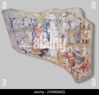 Kunst inspiriert von Fragment of Wall Painting mit einer Szene von zwei Reitern, die eine Schlange erschlugen, Anfang des 20.. Jahrhunderts, dem Iran zugeschrieben, Gips; gemalt, H. 19 1/2 Zoll (49,5 cm), Stuck, mittelalterliche Texte berichten, dass Wandmalereien oft Innenräume von Gebäuden schmückten, und einige Beispiele, klassische Werke, die von Artotop mit einem Schuss Moderne modernisiert wurden. Formen, Farbe und Wert, auffällige visuelle Wirkung auf Kunst. Emotionen durch Freiheit von Kunstwerken auf zeitgemäße Weise. Eine zeitlose Botschaft, die eine wild kreative neue Richtung verfolgt. Künstler, die sich dem digitalen Medium zuwenden und die Artotop NFT erschaffen Stockfoto