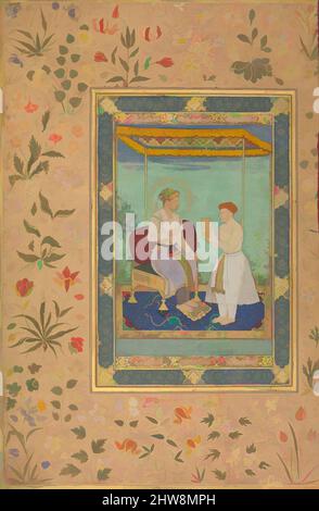 Kunst inspiriert von Jahangir und seinem Vizier, I'timad al-Daula', Folio vom Shah Jahan Album, recto: Ca. 1615; verso: Ca. 1530–45, Indien zugeschrieben, Tinte, opakes Aquarell und Gold auf Papier, 15 3/8 x 10 3/16in. (39 x 25,9cm), Codices, Manohar (aktiv ca. 1582–1624), während Jahangir (, Classic Works modernisiert von Artotop mit einem Schuss Moderne. Formen, Farbe und Wert, auffällige visuelle Wirkung auf Kunst. Emotionen durch Freiheit von Kunstwerken auf zeitgemäße Weise. Eine zeitlose Botschaft, die eine wild kreative neue Richtung verfolgt. Künstler, die sich dem digitalen Medium zuwenden und die Artotop NFT erschaffen Stockfoto