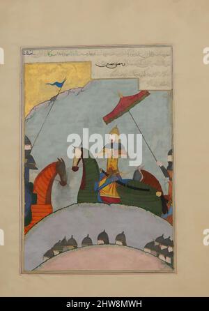 Kunst inspiriert von Timur vor der Schlacht', Folio aus einer zerstreuten Kopie des Zafarnama (Buch der Siege) von Sharaf al-din 'Ali Yazdi, A.H. 839/A.D. 1436, dem Iran zugeschrieben, Tinte, opakes Aquarell, Silber, Und Gold auf Papier, 11 1/2 x 8in. (29,2 x 20,3cm), Codices, This Folio einst, Classic Works modernisiert von Artotop mit einem Schuss Moderne. Formen, Farbe und Wert, auffällige visuelle Wirkung auf Kunst. Emotionen durch Freiheit von Kunstwerken auf zeitgemäße Weise. Eine zeitlose Botschaft, die eine wild kreative neue Richtung verfolgt. Künstler, die sich dem digitalen Medium zuwenden und die Artotop NFT erschaffen Stockfoto