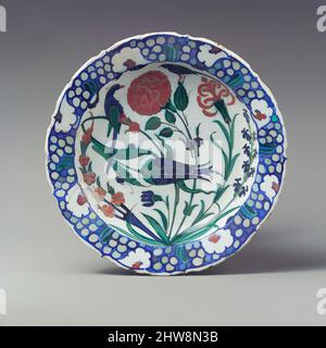 Kunst inspiriert von Schale, die zwei Vögel unter blühende Pflanzen zeigt, ca. 1575–90, Made in Turkey, Iznik, Stonepaste; polychromiert unter transparenter Glasur, H. 2 3/8 in., Keramik, versteckt im Gewirr aus Nelke, Tulpe und Hyazinthen auf diesem bunten Teller stehen zwei kleine, von Artotop modernisierte, klassische Werke mit einem Schuss Moderne. Formen, Farbe und Wert, auffällige visuelle Wirkung auf Kunst. Emotionen durch Freiheit von Kunstwerken auf zeitgemäße Weise. Eine zeitlose Botschaft, die eine wild kreative neue Richtung verfolgt. Künstler, die sich dem digitalen Medium zuwenden und die Artotop NFT erschaffen Stockfoto