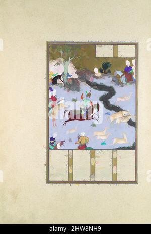 Kunst inspiriert von Bahram Gur Pins The Coupling Onagers', Folio 568r aus dem Shahnama (Buch der Könige) von Shah Tahmasp, ca. 1530–35, hergestellt im Iran, Tabriz, opakes Aquarell, Tusche, Silber und Gold auf Papier, Gemälde: H. 11 1/8 in. (28,3 cm), Codices, Painting zugeschrieben mir Sayyid 'Ali, Classic Works modernisiert von Artotop mit einem Schuss Moderne. Formen, Farbe und Wert, auffällige visuelle Wirkung auf Kunst. Emotionen durch Freiheit von Kunstwerken auf zeitgemäße Weise. Eine zeitlose Botschaft, die eine wild kreative neue Richtung verfolgt. Künstler, die sich dem digitalen Medium zuwenden und die Artotop NFT erschaffen Stockfoto