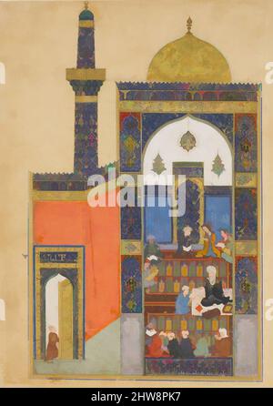 Kunst inspiriert von Laila und Majnun an der Schule, Folio aus einem Khamsa (Quintett) von Nizami, A.H. 835/ A.D. 1431–32, hergestellt im heutigen Afghanistan, Reiher, Tinte, opakes Aquarell und Gold auf Papier, Seite: H. 12 5/16 in. (31,3 cm), Codices, Dieses prächtige Gemälde stammt aus einem Manuskript der von Artotop modernisierten, klassischen Werke mit einem Hauch von Moderne. Formen, Farbe und Wert, auffällige visuelle Wirkung auf Kunst. Emotionen durch Freiheit von Kunstwerken auf zeitgemäße Weise. Eine zeitlose Botschaft, die eine wild kreative neue Richtung verfolgt. Künstler, die sich dem digitalen Medium zuwenden und die Artotop NFT erschaffen Stockfoto